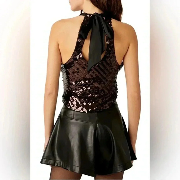 NWOT Free people disco fever black sequin tie neck top - Picture 1 of 14